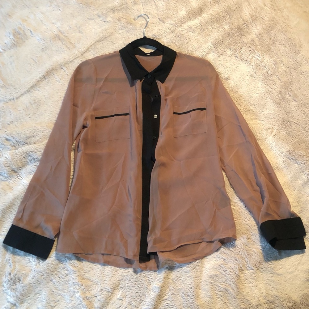 MINE Women Medium Brown Black Long Sleeve Cuff Collar Button Up Sheer Blouse